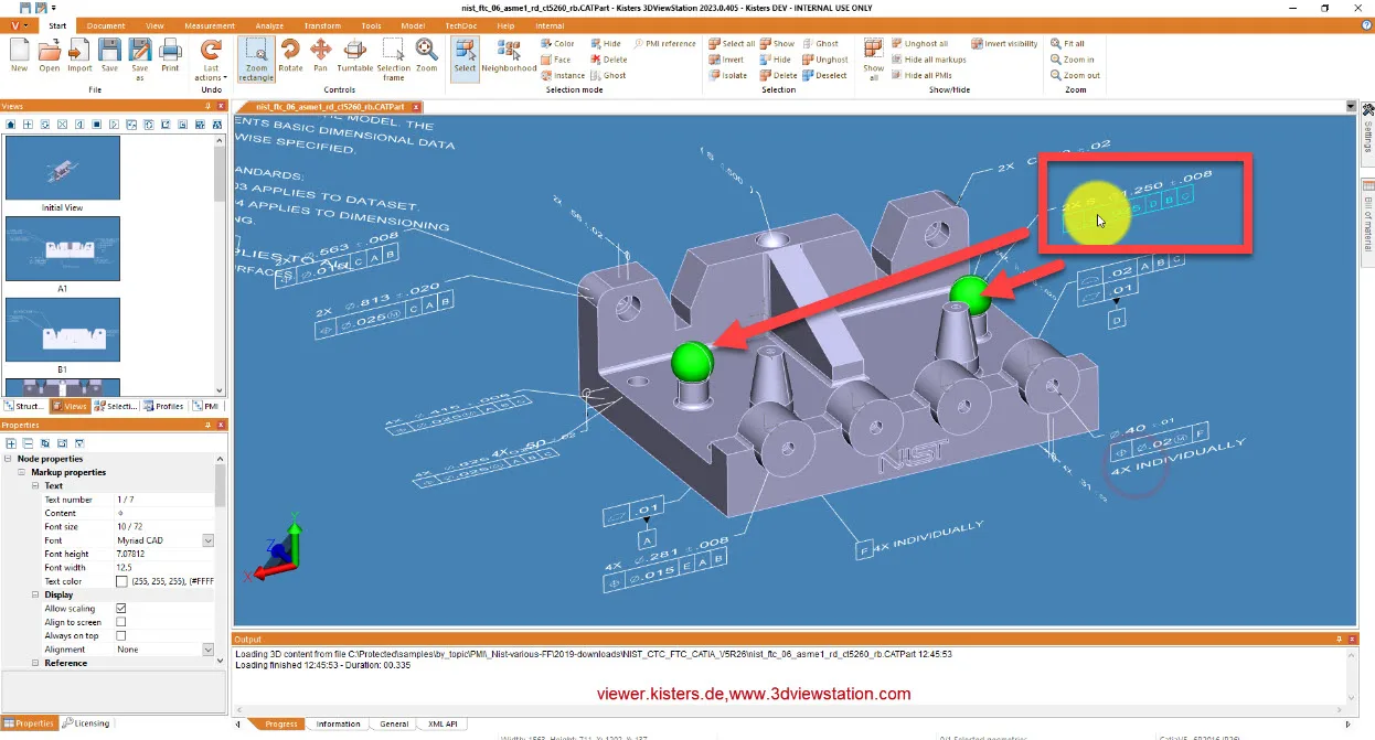 3D 모델에 포함된 PMI 치수·공차 정보를 표시한 화면