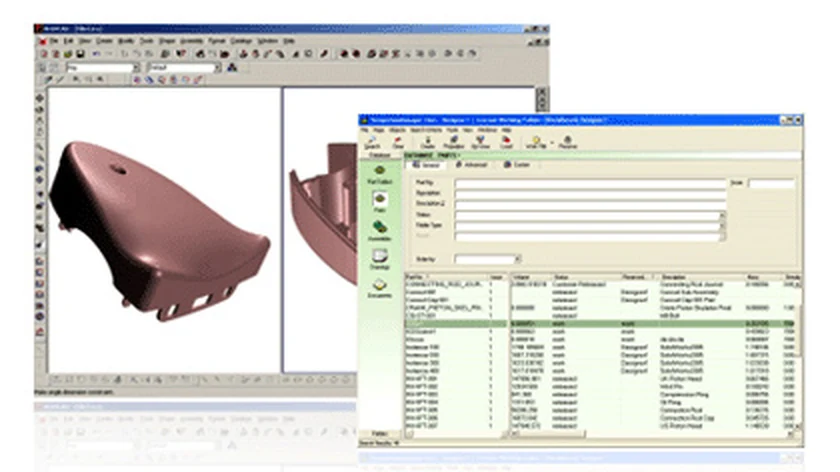 IronCAD 모델링 창과 DDM 데이터 관리 창을 함께 띄운 화면